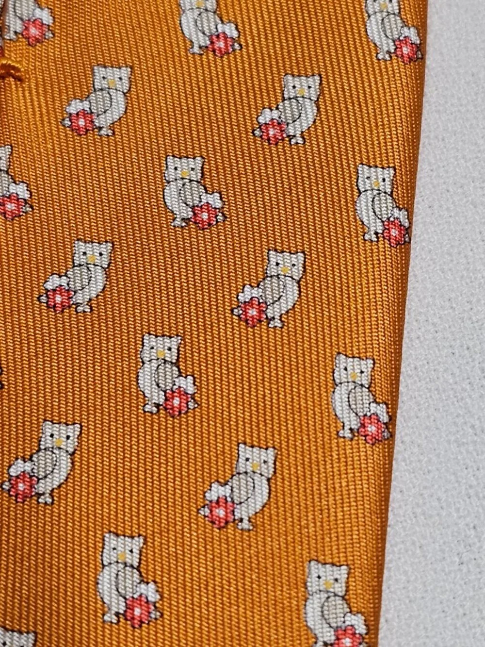 Salvatore Ferragamo Owl Print Men's Silk Tie Orange Background